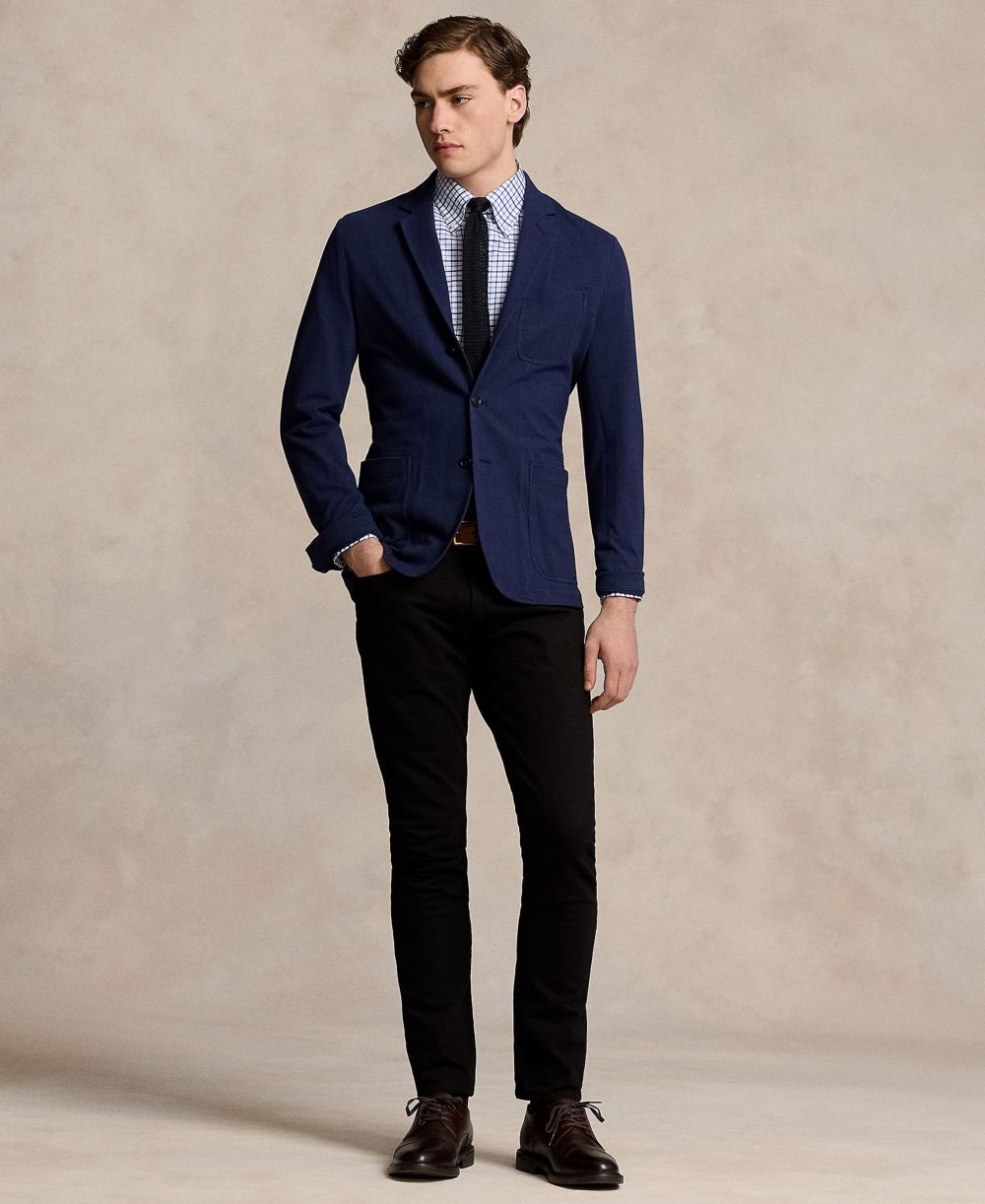 Men's Mesh Blazer, Dress Shirt, Silk Tie, Stretch Jeans & Oxford Shoes