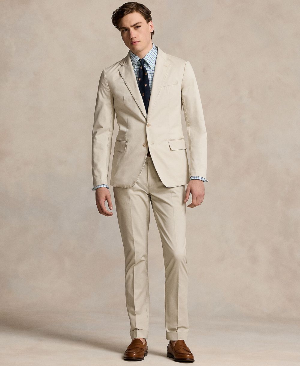 Men's Chino Suit Jacket, Dress Shirt, Trousers, Belt, Silk Tie & Penny Loafers