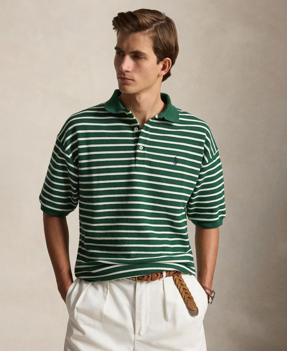 Relaxed-Fit Striped Textured Polo Shirt