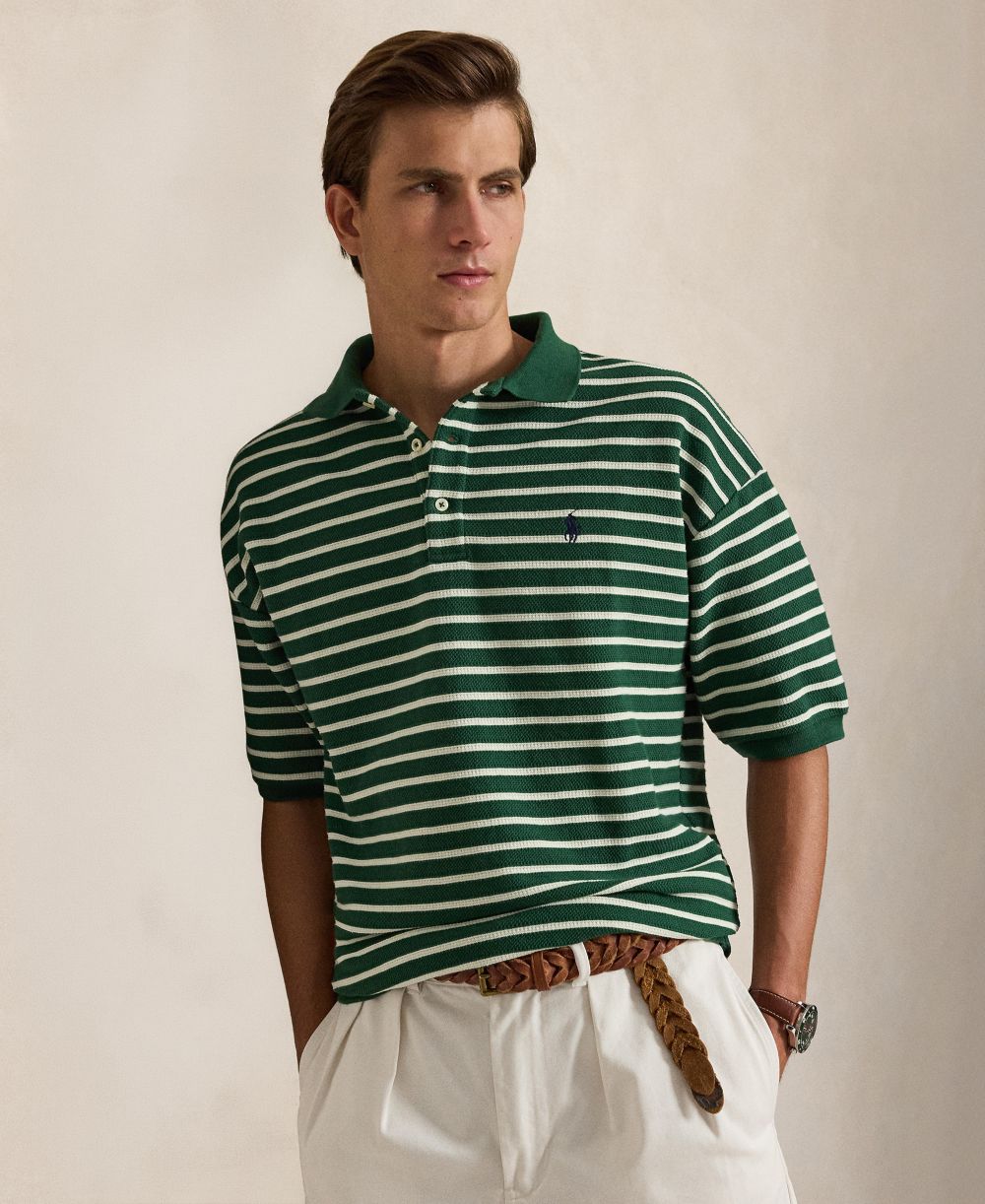 Relaxed-Fit Striped Textured Polo Shirt