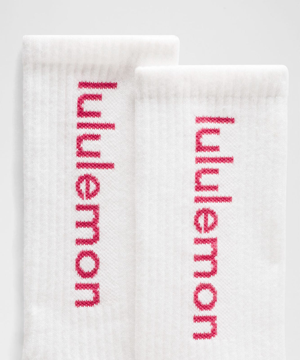 Unisex Daily Essential Crew Socks *Wordmark White/Raspberry Coulis