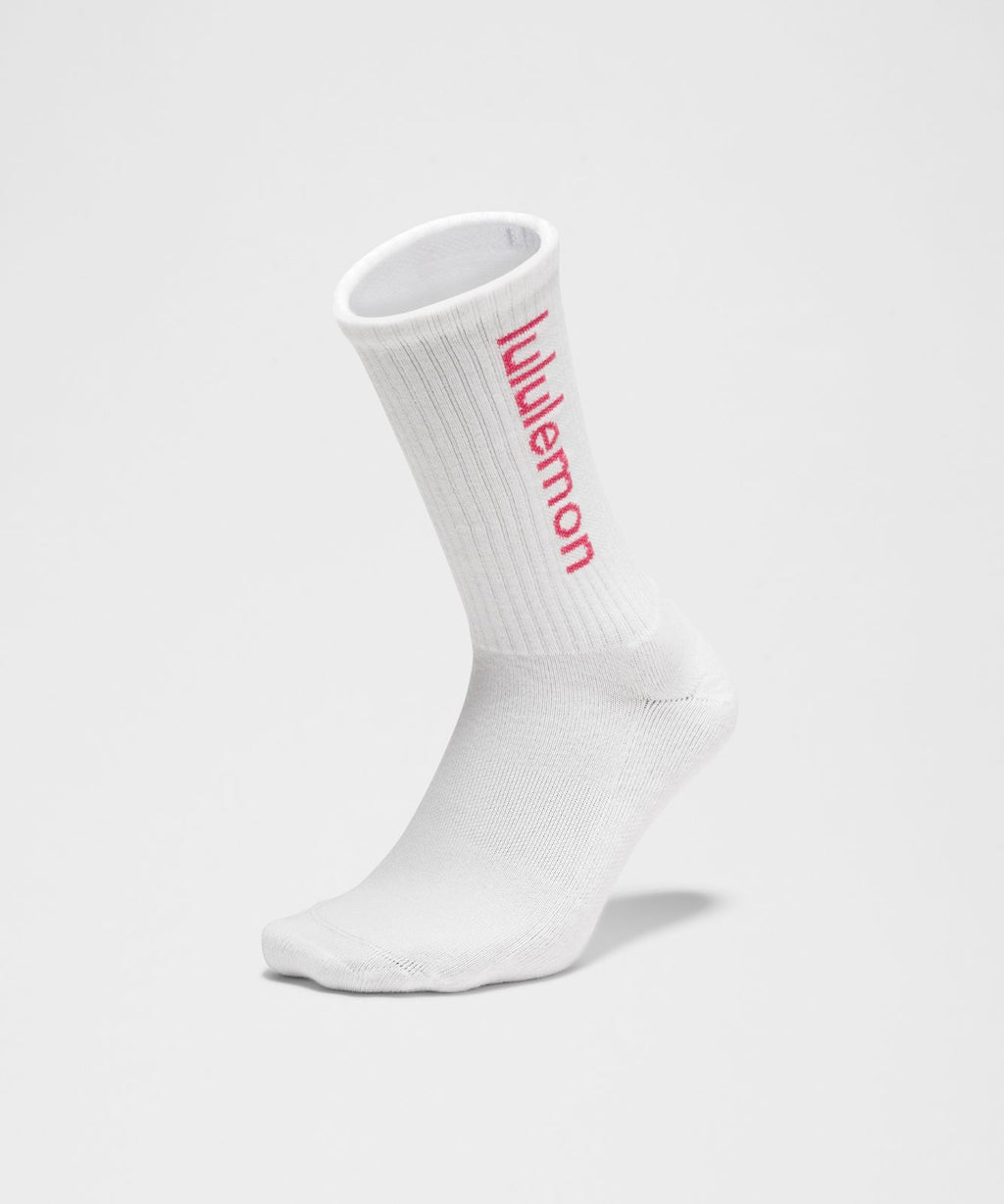 Unisex Daily Essential Crew Socks *Wordmark White/Raspberry Coulis