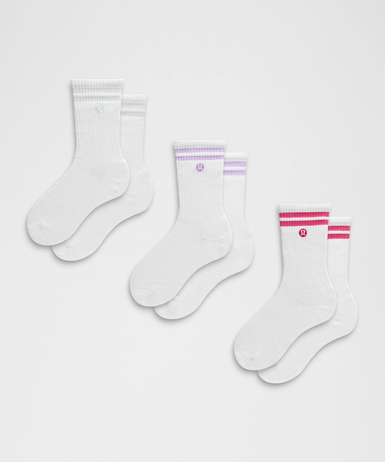 Unisex Daily Essential Crew Socks 3 Pack *Stripe White/Ocean Air/White/Raspberry Coulis/White/Lavender Frost