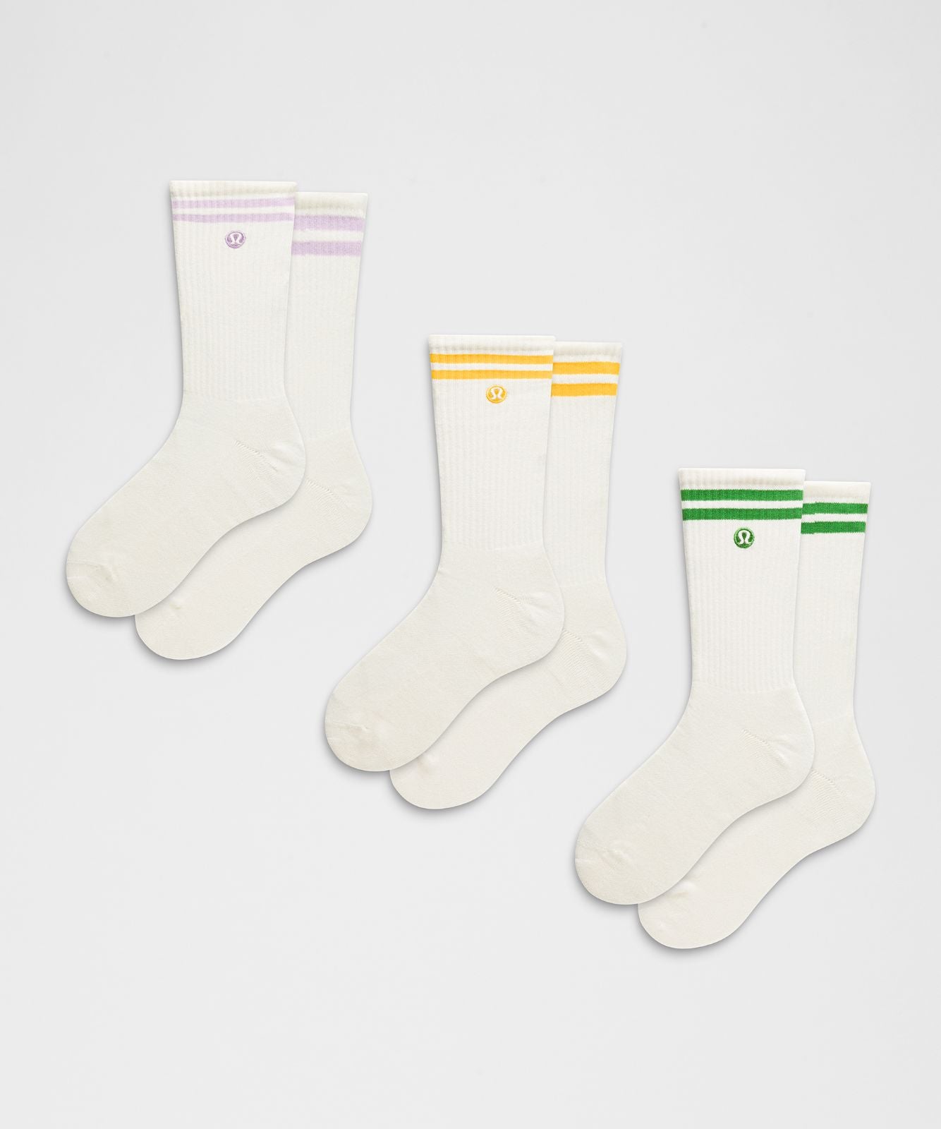 Unisex Daily Essential Crew Socks 3 Pack *Stripe Coconut Ivory/Lilac Play/Coconut Ivory/Chameleon/Coconut Ivory/Buttercup