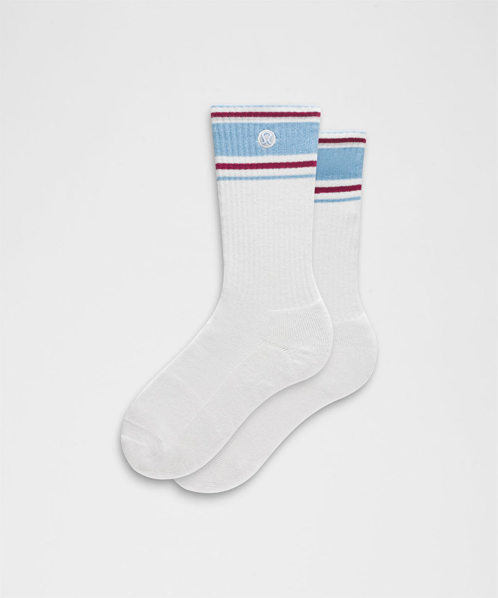 Unisex Daily Essential Crew Socks *Retro Stripe White/Dreamy Blue/Raspberry Rave