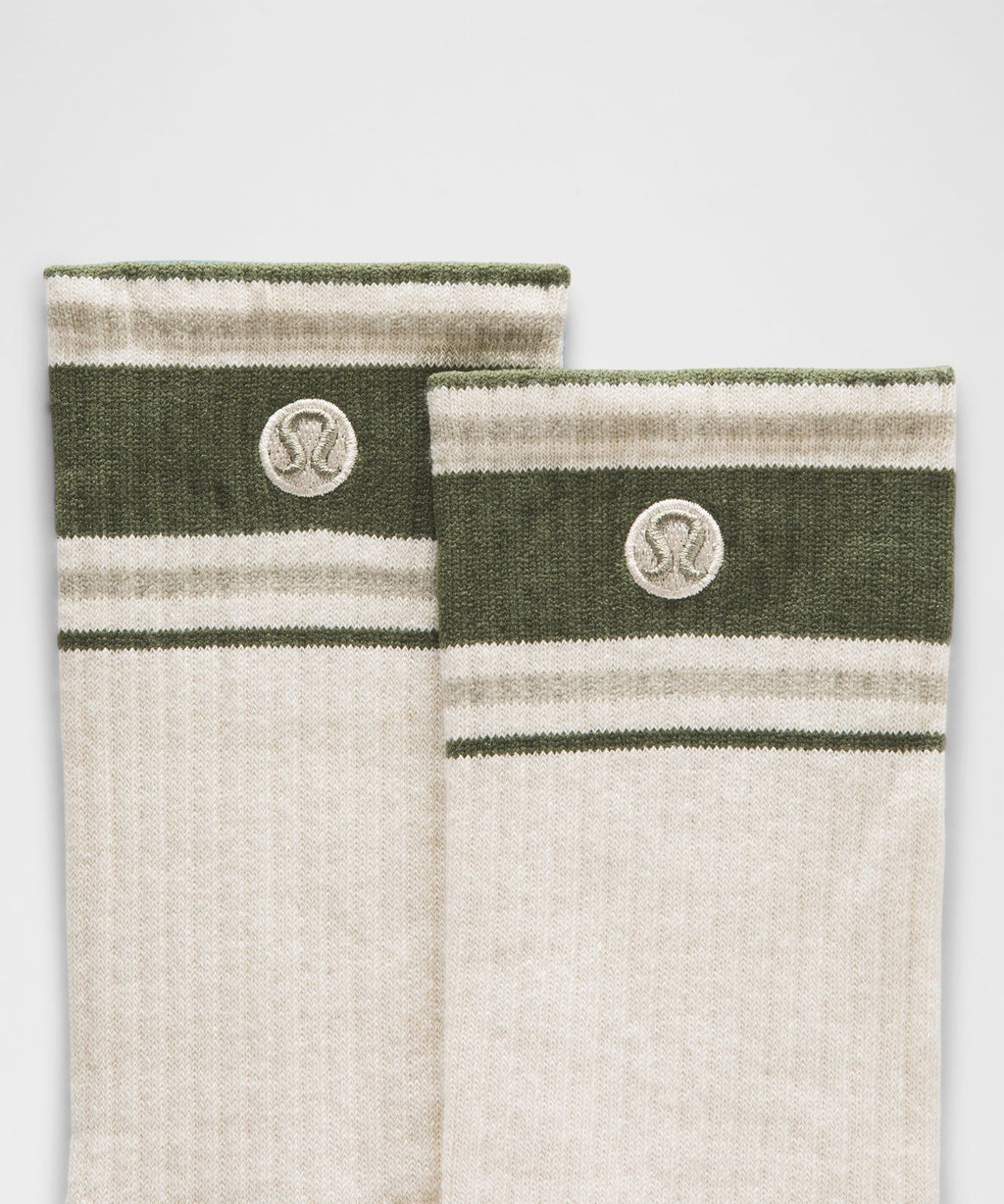 Unisex Daily Essential Crew Socks *Retro Stripe Light Ivory/Sassy Sage/Hailstone Grey