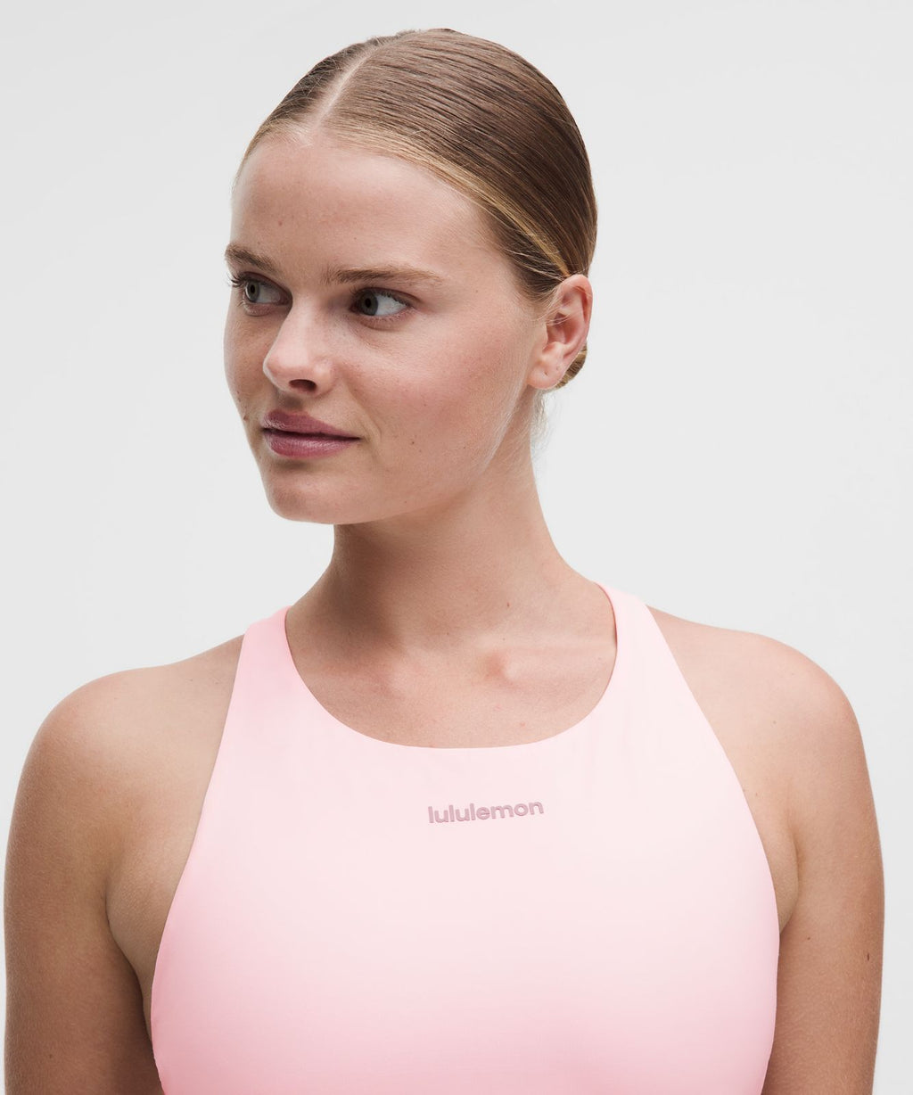 lululemon Energy High-Neck Longline Bra Medium Support, B–D Cups Evolve *Wordmark Pink Pearl