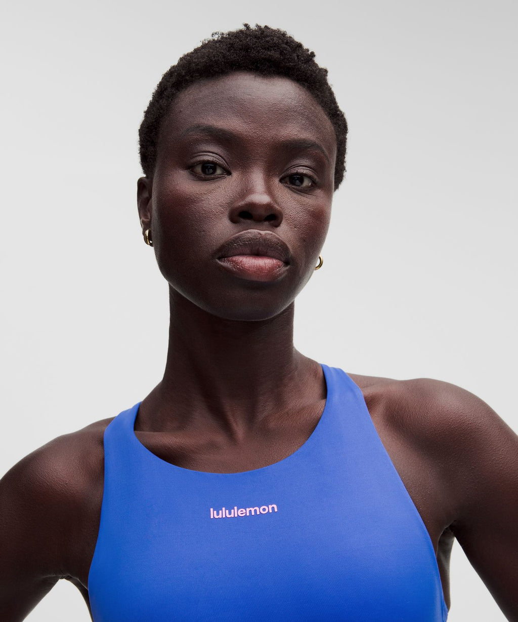 lululemon Energy High-Neck Longline Bra Medium Support, B–D Cups Evolve *Wordmark Beach Ball Blue