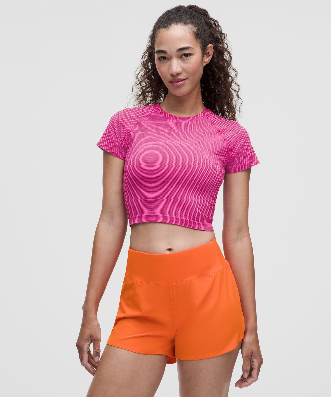 Swiftly Tech Cropped Short-Sleeve Shirt 2.0 Spandex Stripe Flamingo Fun/Raspberry Rave
