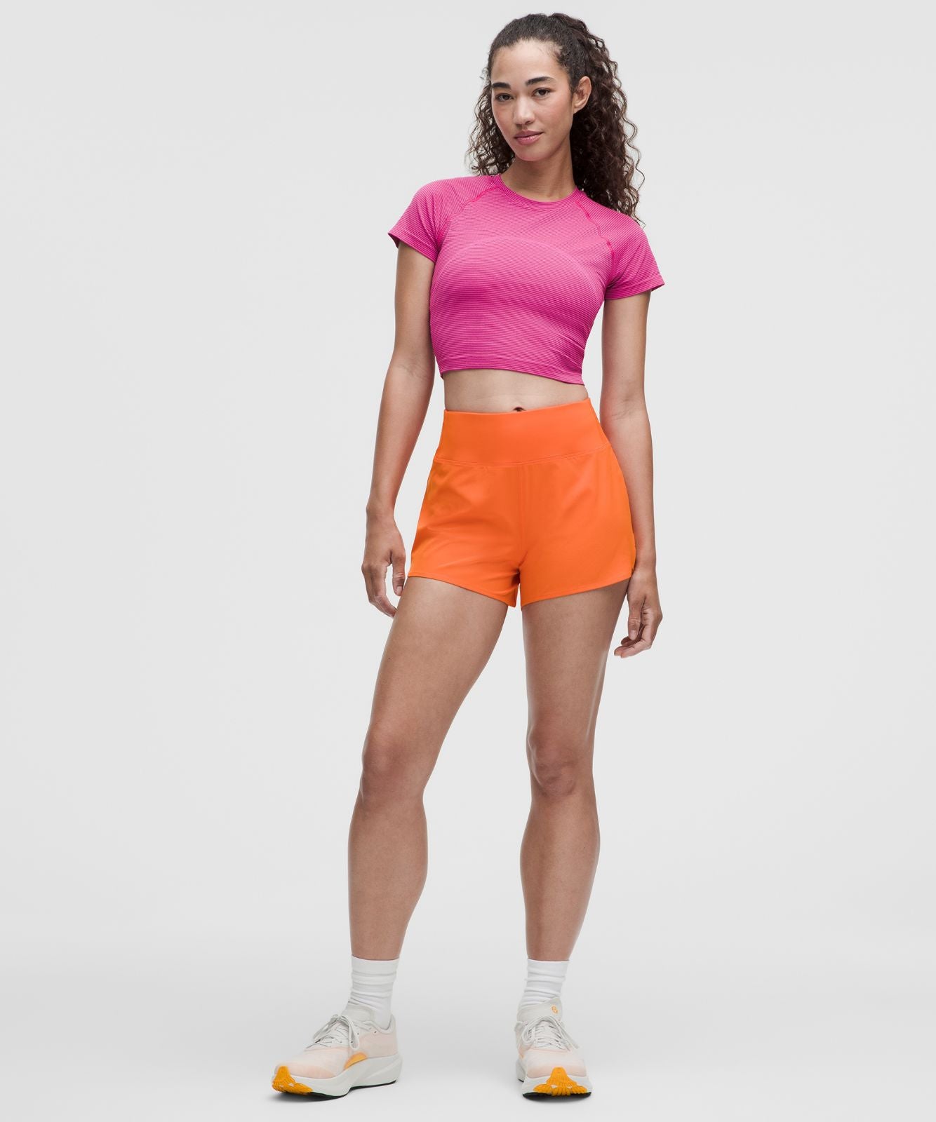 Swiftly Tech Cropped Short-Sleeve Shirt 2.0 Spandex Stripe Flamingo Fun/Raspberry Rave