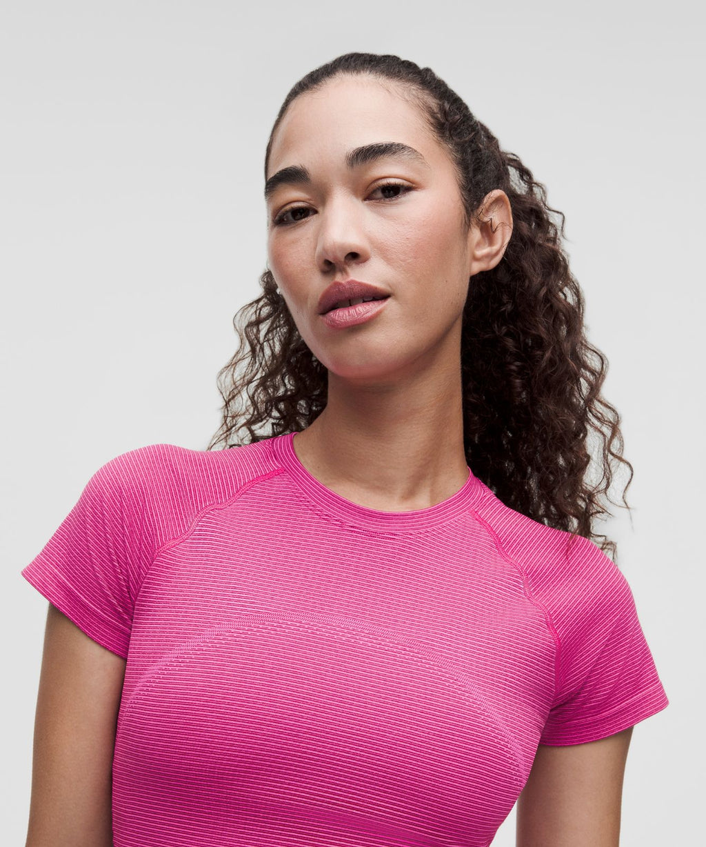 Swiftly Tech Cropped Short-Sleeve Shirt 2.0 Spandex Stripe Flamingo Fun/Raspberry Rave