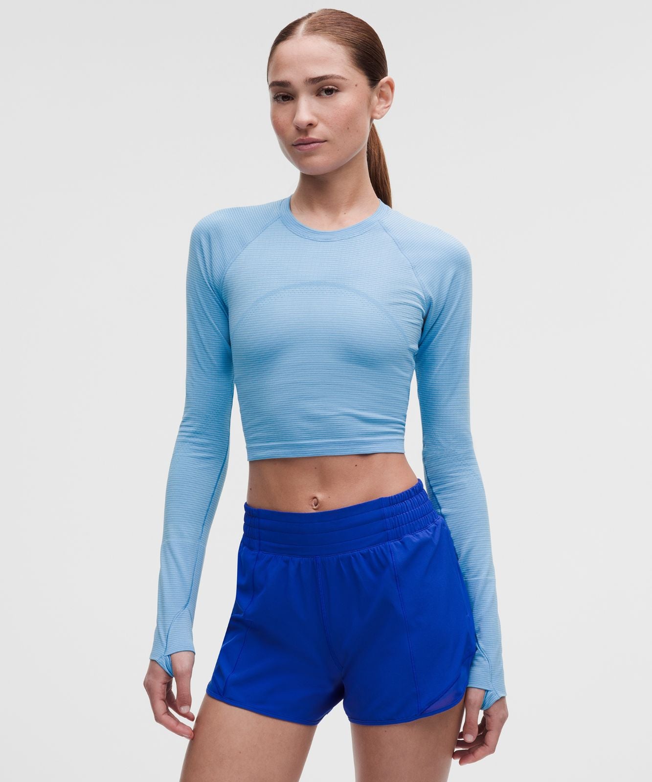Swiftly Tech Cropped Long-Sleeve Shirt 2.0 Spandex Stripe Ocean Wave/White
