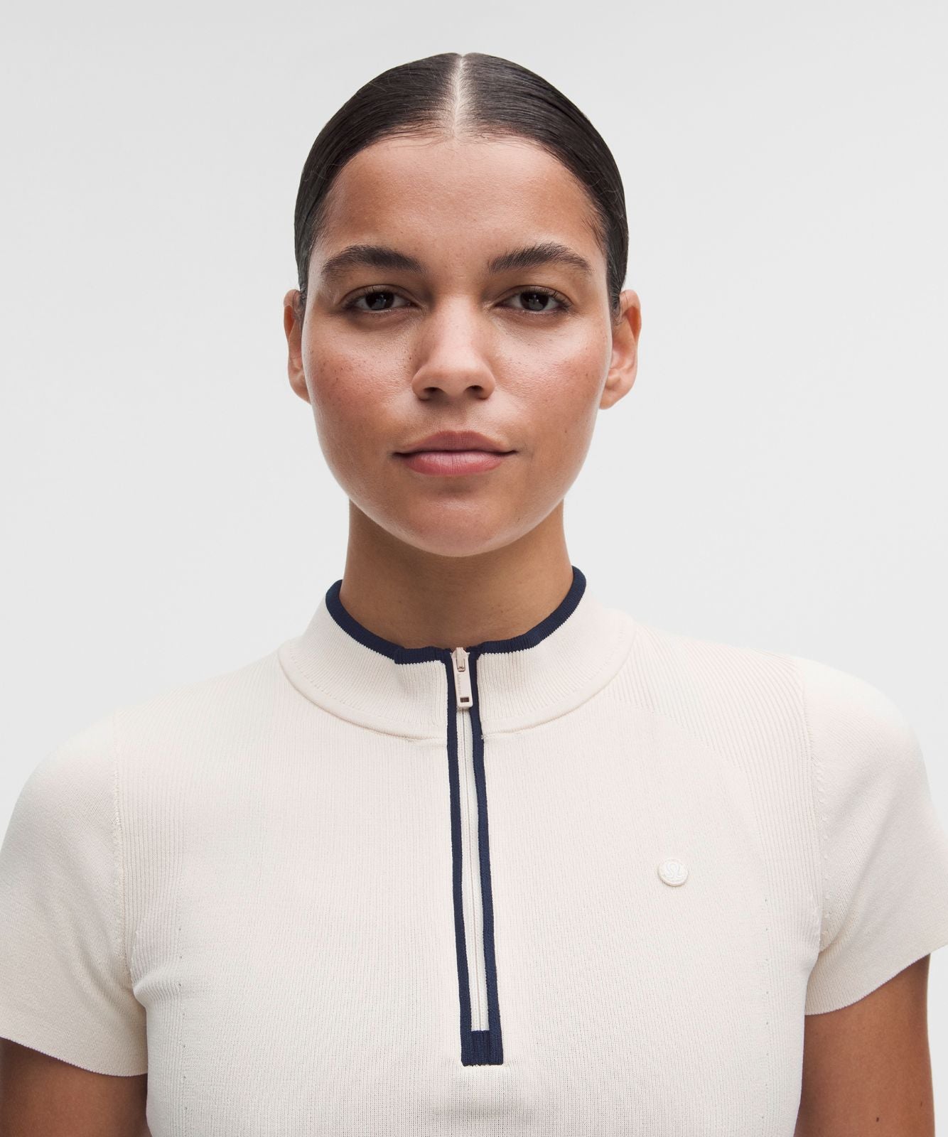 Knit Golf Mockneck Short-Sleeve Shirt Light Ivory/True Navy