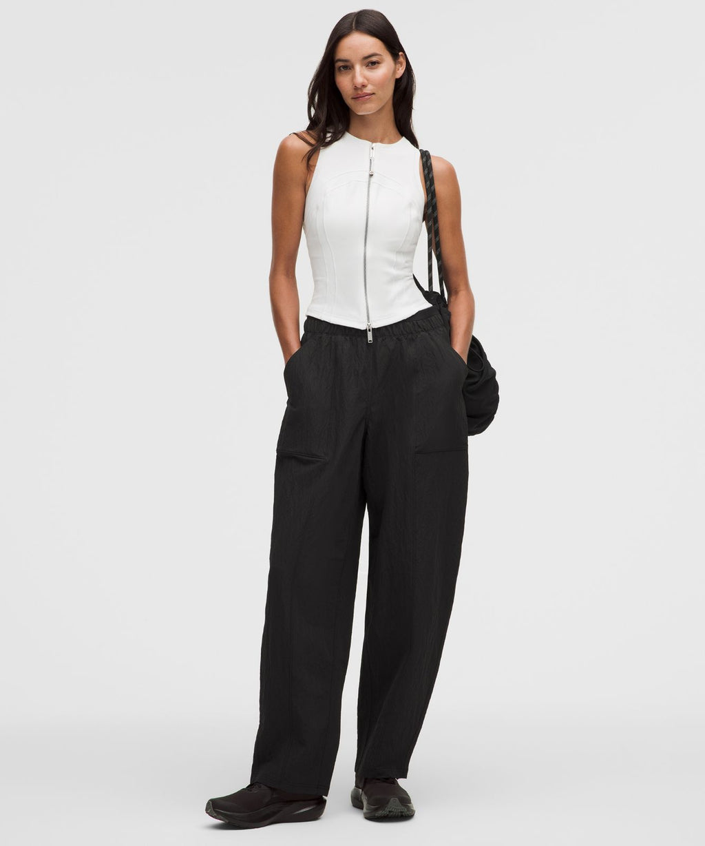 Crinkle Nylon Mid-Rise Barrel-Leg Pant Black