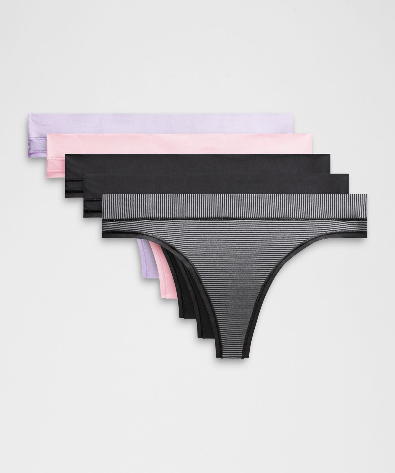 UnderEase Mid-Rise Thong Underwear *5 Pack Black/Black/Pink Organza/Lavender Frost/Jumie Stripe Rhino Grey Black