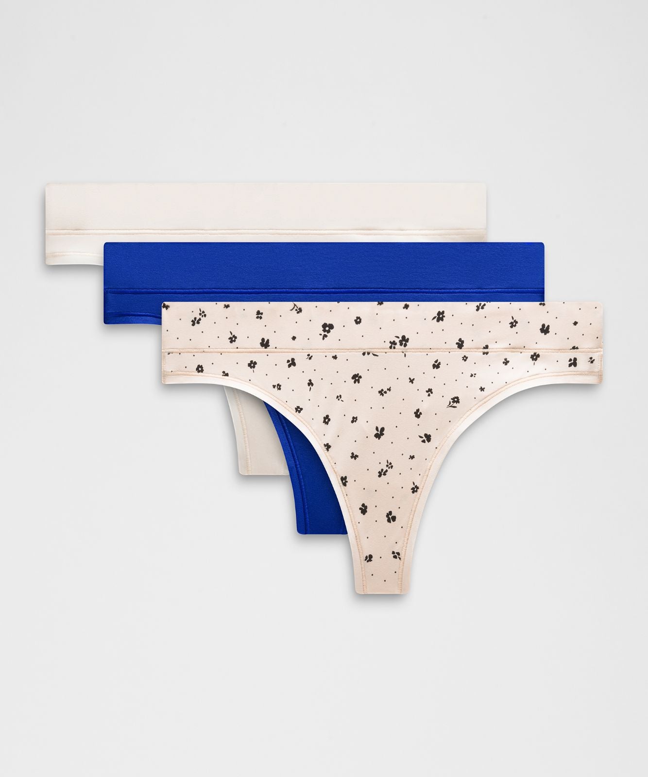 UnderEase Mid-Rise Thong Underwear *3 Pack Light Ivory/Beach Ball Blue/Petite Floral Breakfast Tea Black