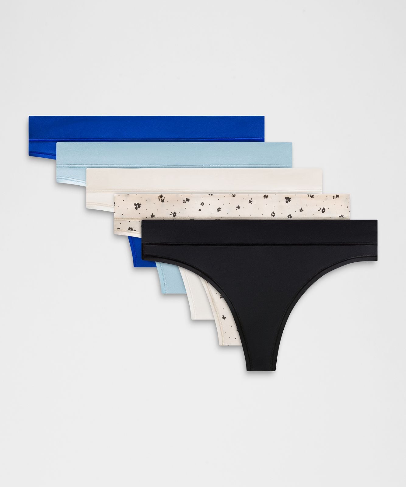 UnderEase Mid-Rise Thong Underwear *5 Pack Black/Light Ivory/Seafoam/Petite Floral Breakfast Tea Black/Beach Ball Blue