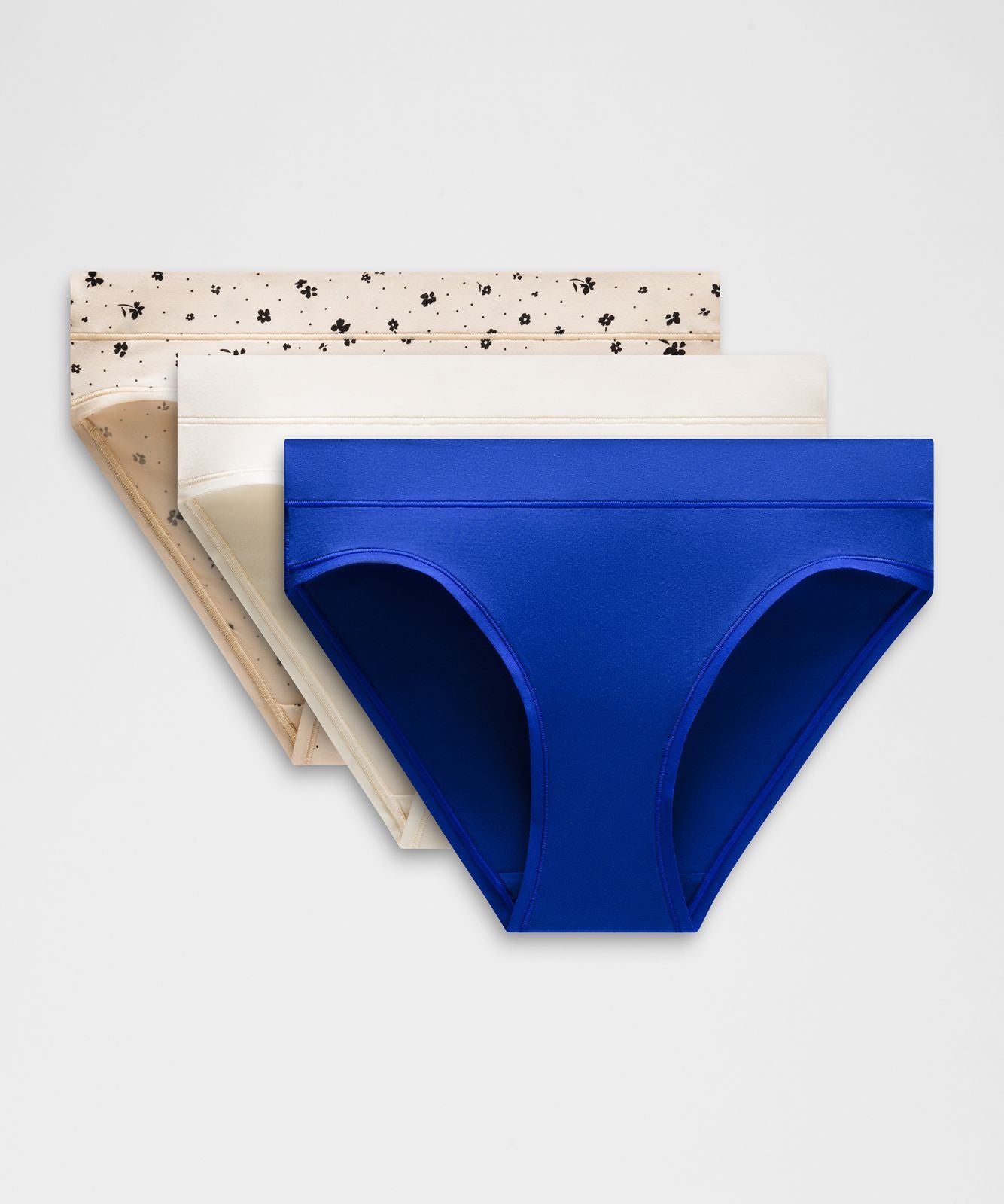 UnderEase Mid-Rise Bikini Underwear *3 Pack Light Ivory/Beach Ball Blue/Petite Floral Breakfast Tea Black